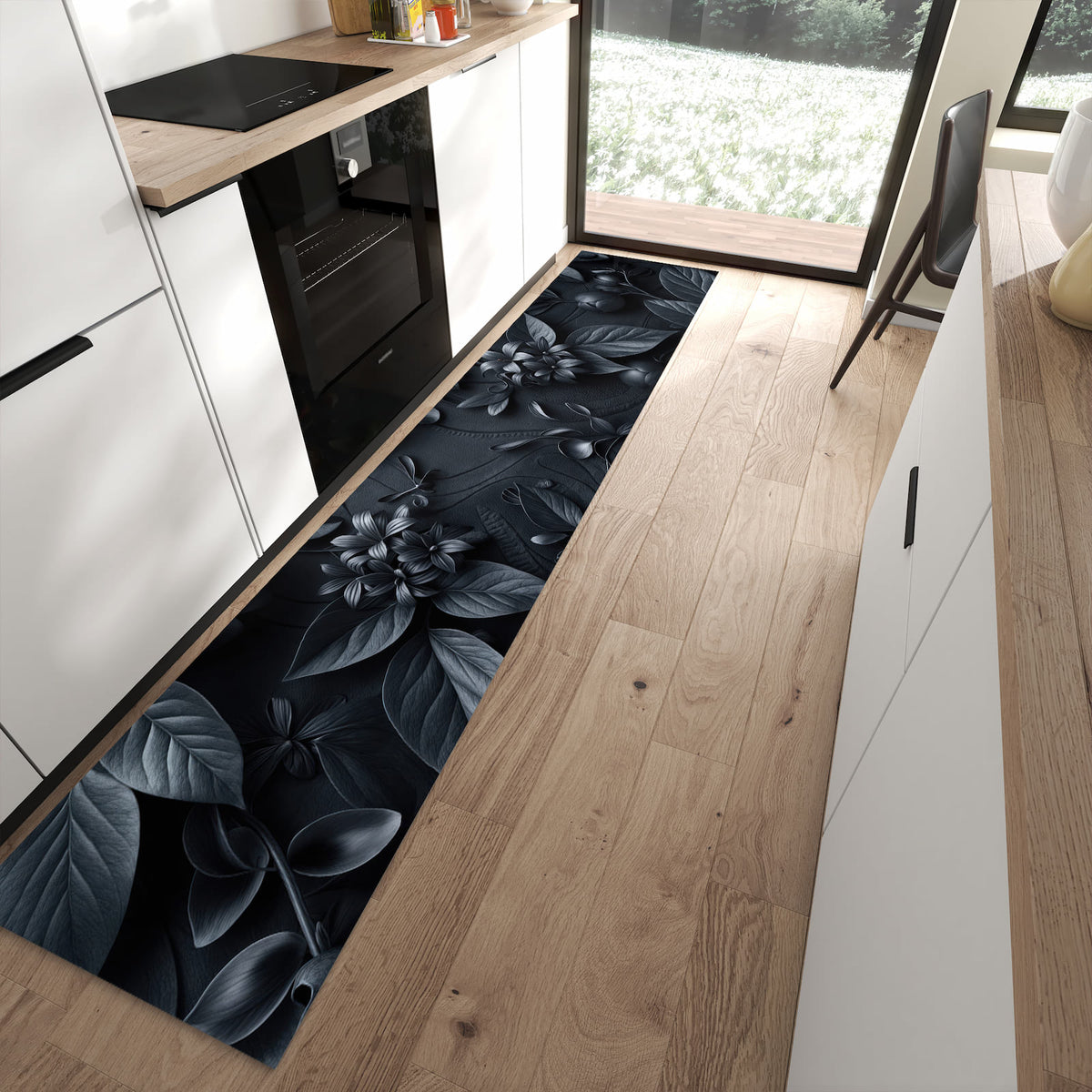 Komfortabler waschbarer Küchenteppich mit Motiv Blumenmuster Dunkel in moderner Küche