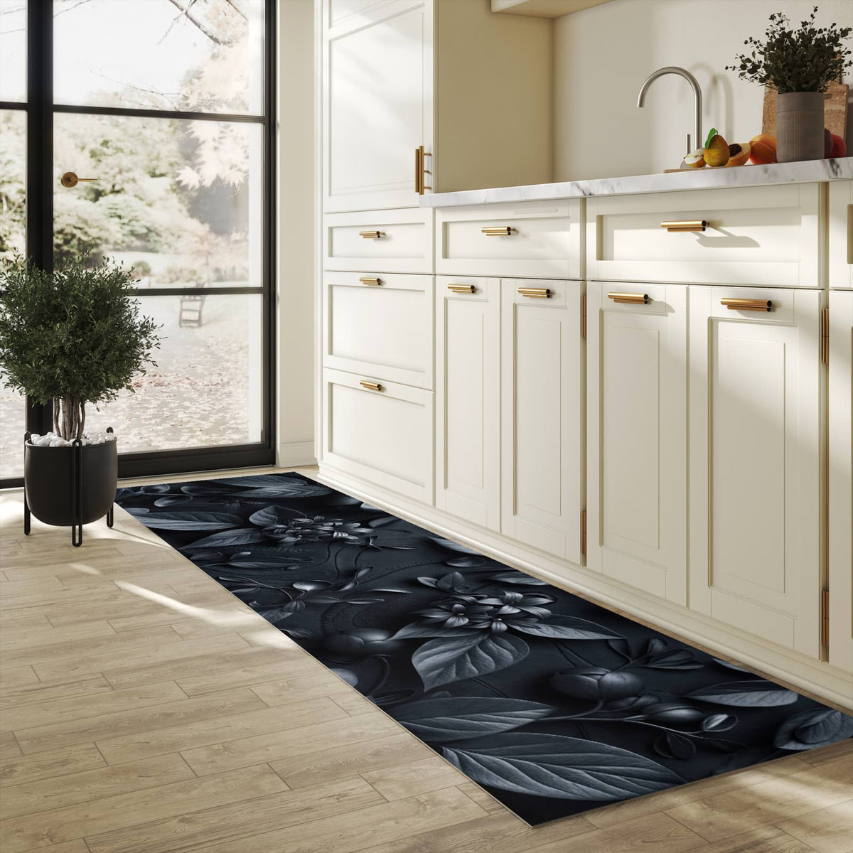 Küchenteppich mit Motiv Blumenmuster Dunkel für Ordnung & Übersicht in heller Küche