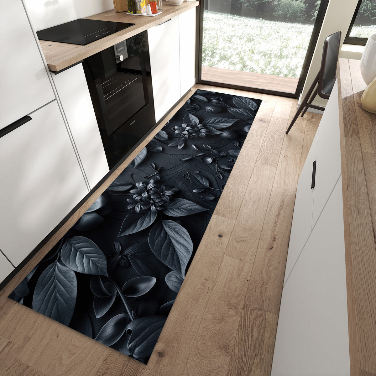 Hygienischer Küchenteppich mit Motiv Blumenmuster Dunkel in moderner Küche - leicht waschbar