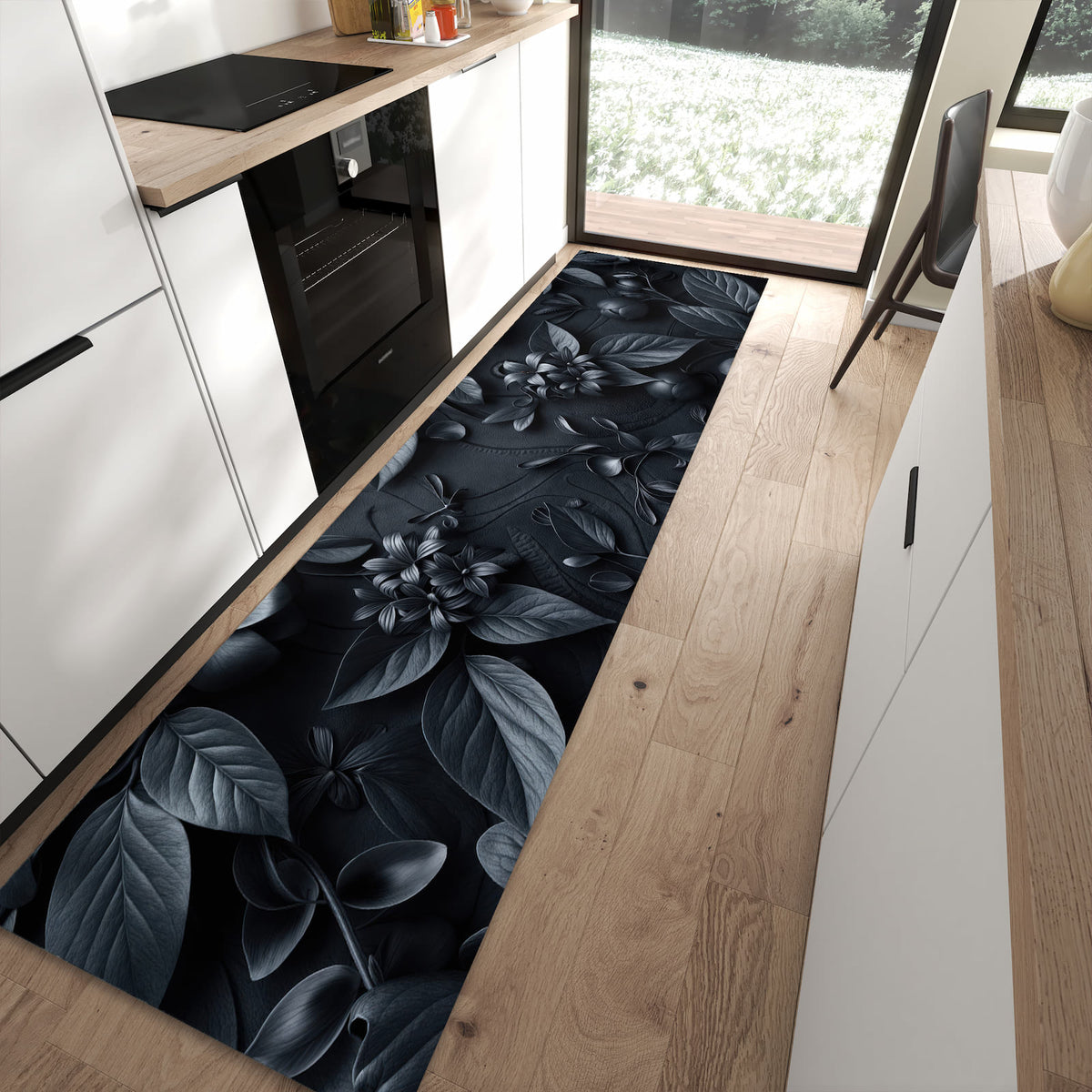 Strapazierfähiger waschbarer Küchenteppich mit Motiv Blumenmuster Dunkel in moderner Küche