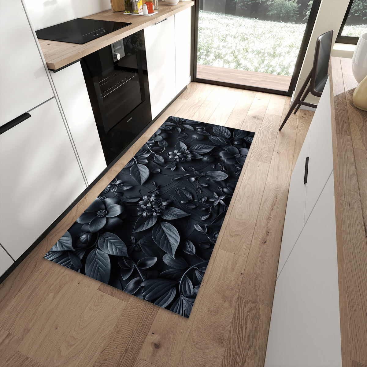 Waschbarer großer Küchenteppich mit Motiv Blumenmuster Dunkel in moderner Küche