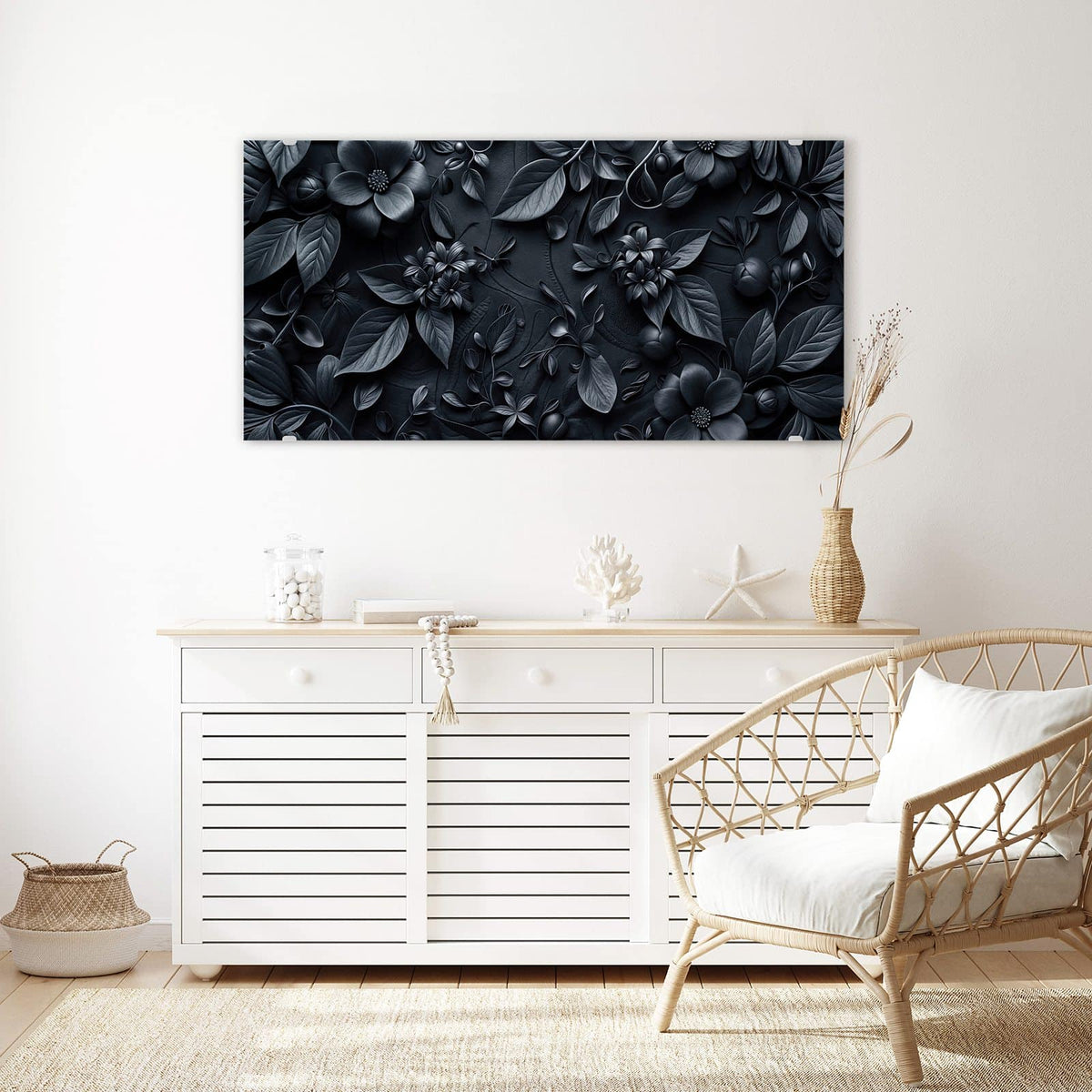 Echtglas, 4 mm – kein Acryl, keine Folie – Wandbild - Blütenrelief in Schwarz - Querformat