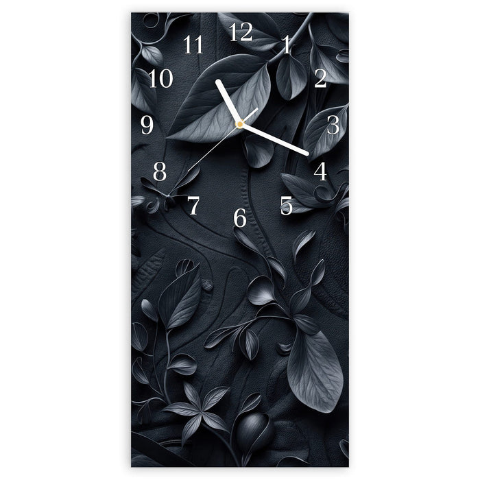 Wanduhr Blumenmuster Dunkel aus Glas – Hochformat 30 × 60 cm mit Ziffernblatt Klassisch