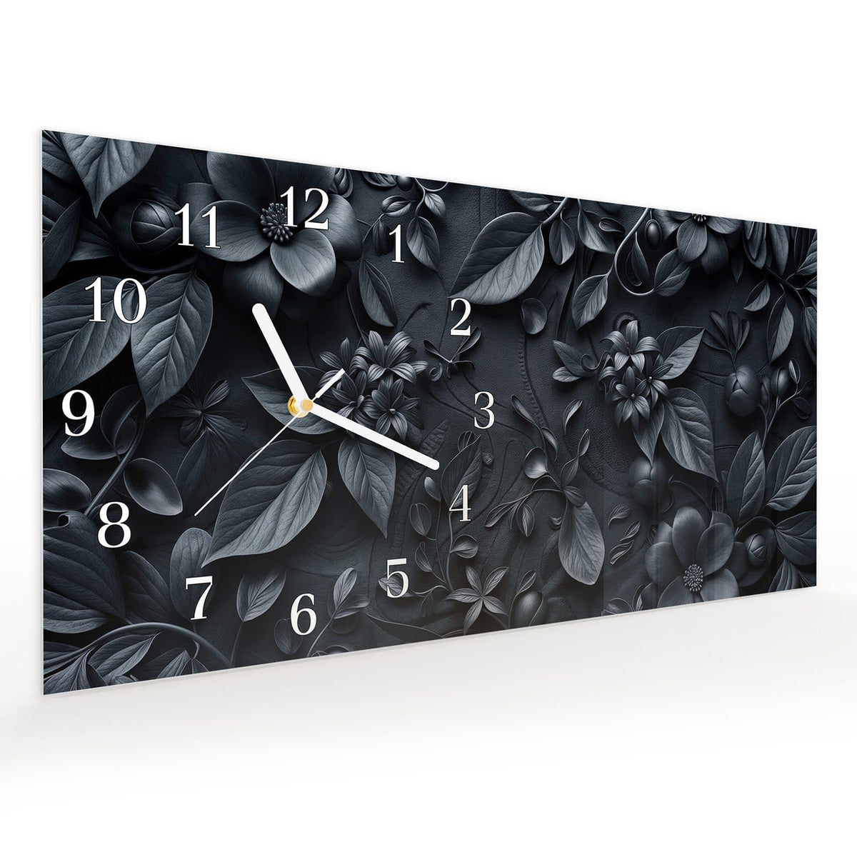 Vormontiert – mit Schwebeeffekt – Wanduhr Blumenmuster Dunkel aus Glas – Querformat 60 × 30 cm