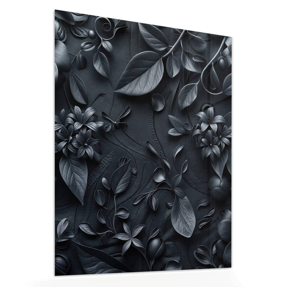 Echtglas, 4 mm – kein Acryl, keine Folie – Wandbild - Blütenrelief in Schwarz - Hochformat