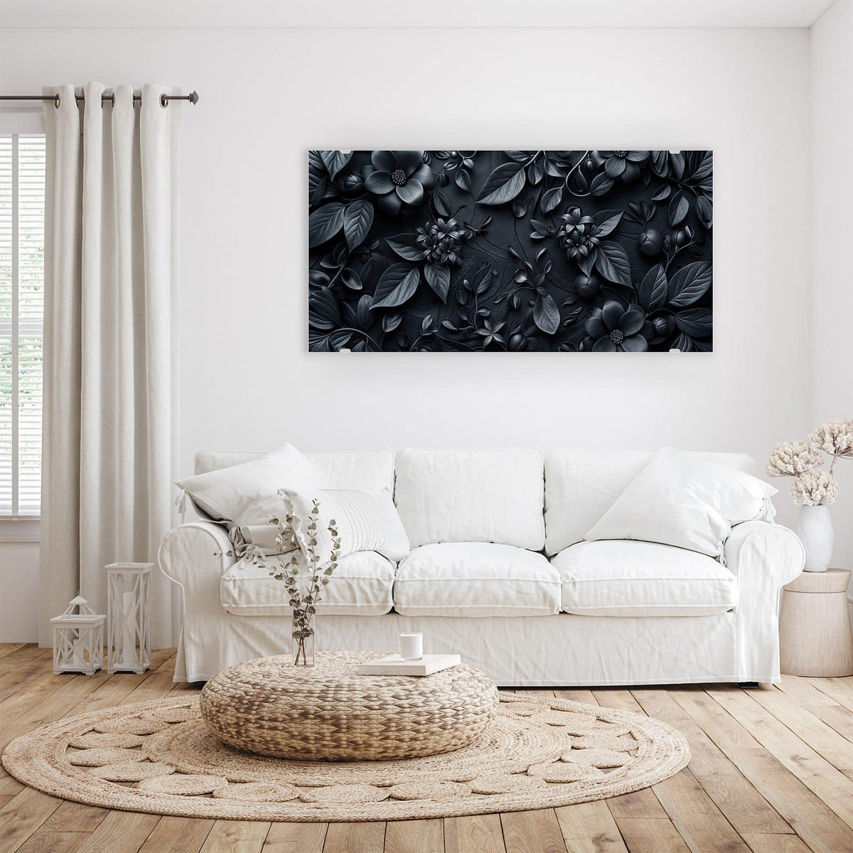 Aufhängung liegt bei – Motiv später wechselbar – Wandbild - Blütenrelief in Schwarz - Querformat