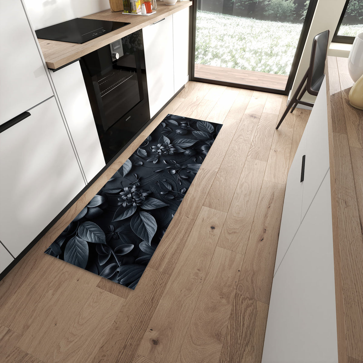 Langlebiger Bodenläufer mit Motiv Blumenmuster Dunkel in moderner Küche