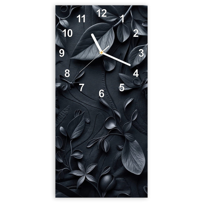 Wanduhr Blumenmuster Dunkel aus Glas – Hochformat 30 × 60 cm mit Ziffernblatt Modern