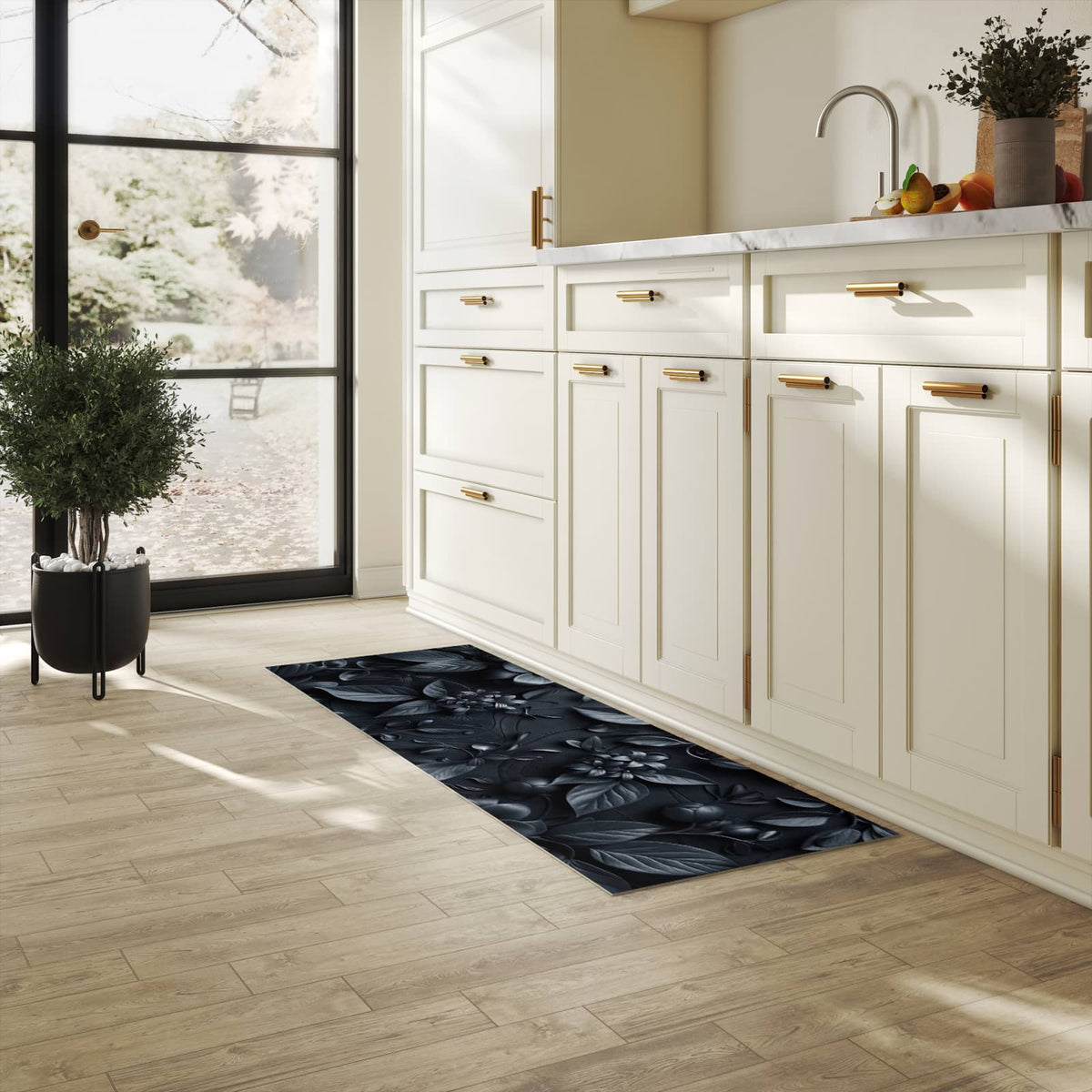 Abwaschbarer Küchenläufer mit Motiv Blumenmuster Dunkel in heller Küche für angenehme Haptik