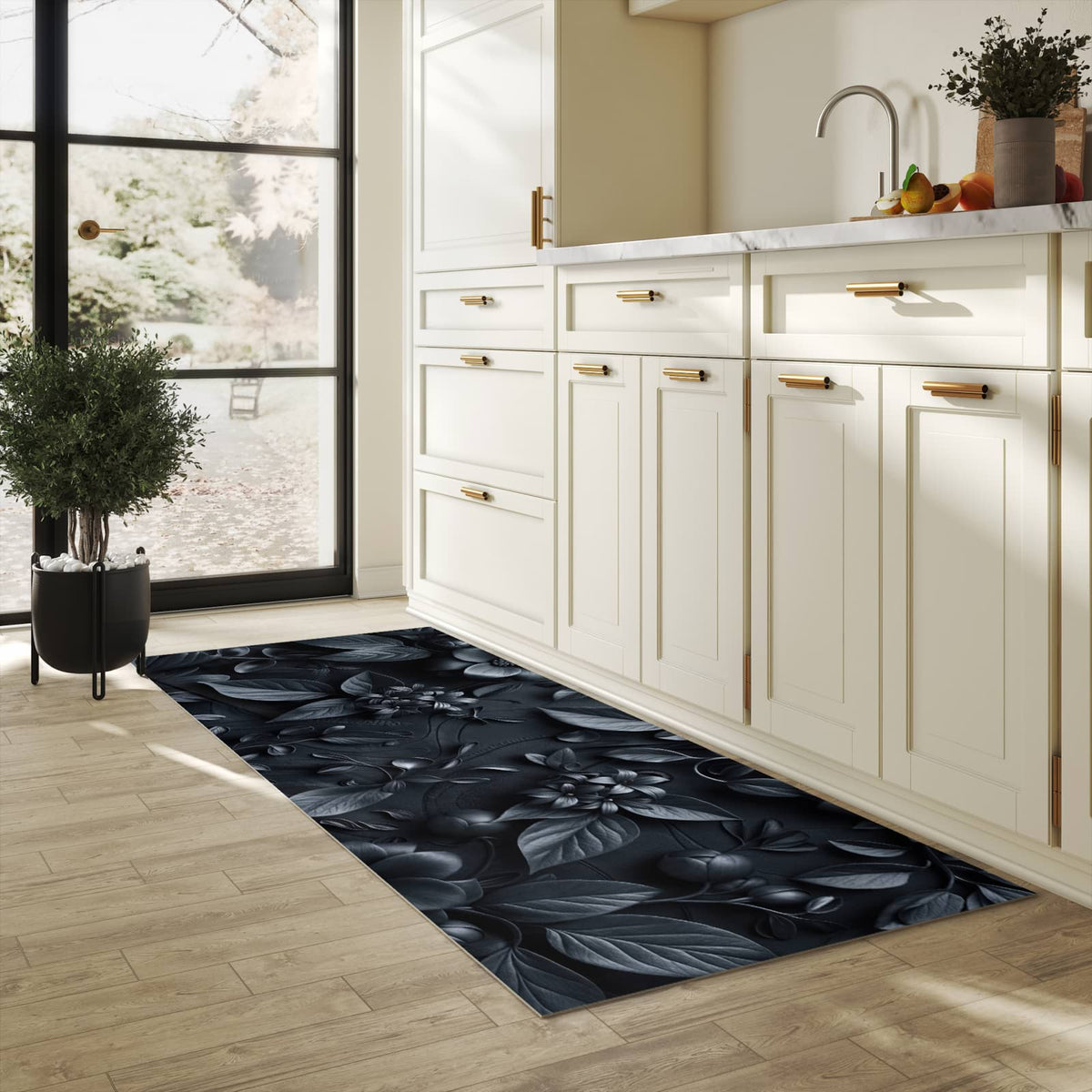 Farbbeständiger Läufer für die Küche mit Motiv Blumenmuster Dunkel in heller Küche