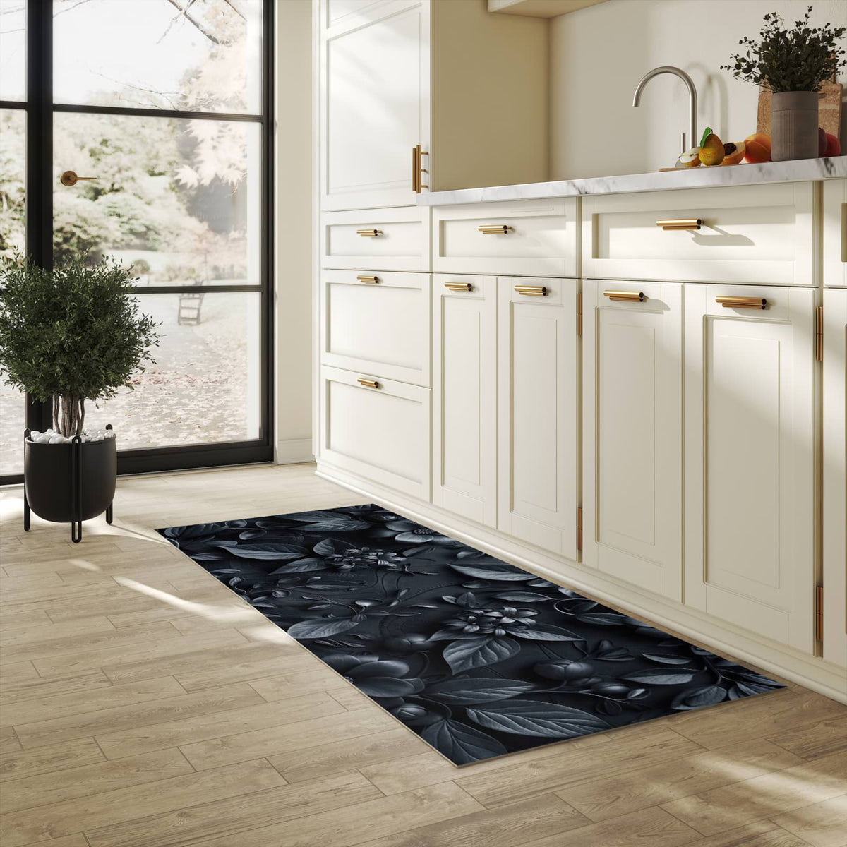 Rutschfester Küchenteppich mit Motiv Blumenmuster Dunkel in heller Küche