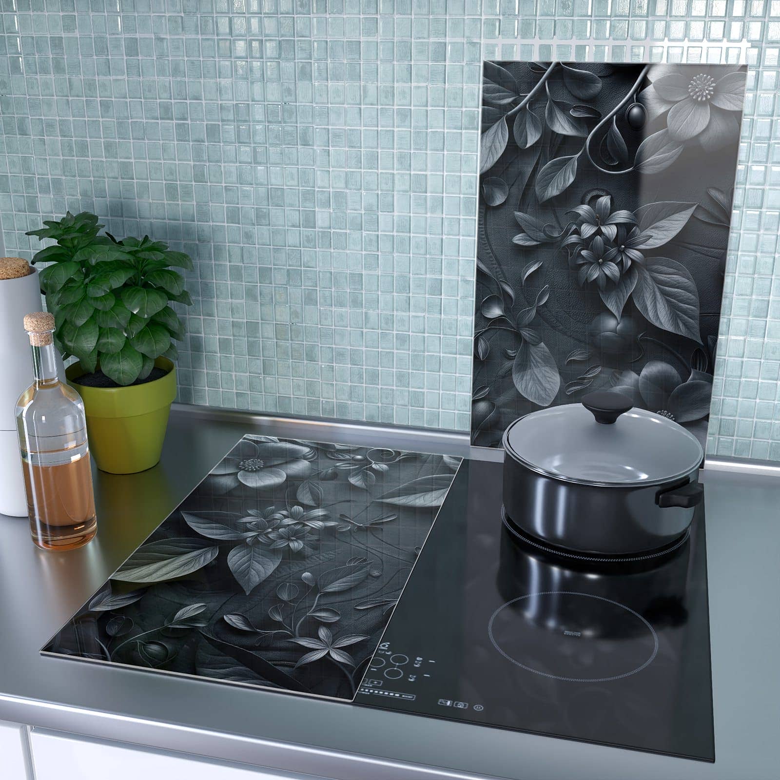 2-teilige Herdabdeckplatte für Ceranfeld mit Blumenmuster Dunkel-Motiv als Spritzschutz hinter dem Kochfeld