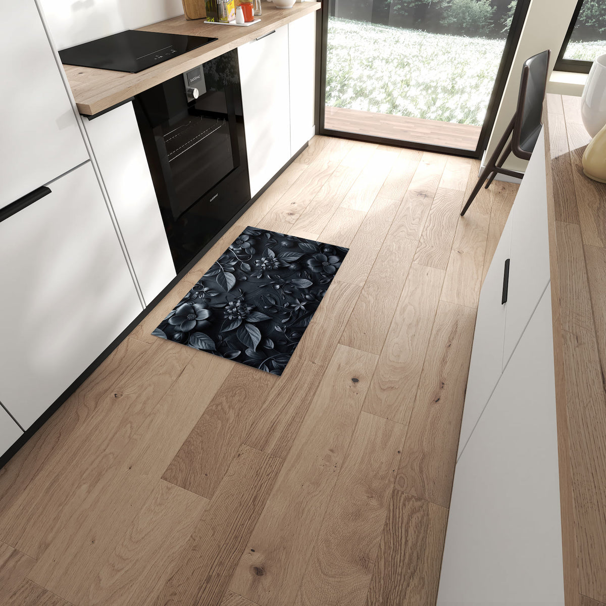 Rutschfester Küchenläufer mit Motiv Blumenmuster Dunkel in moderner Küche