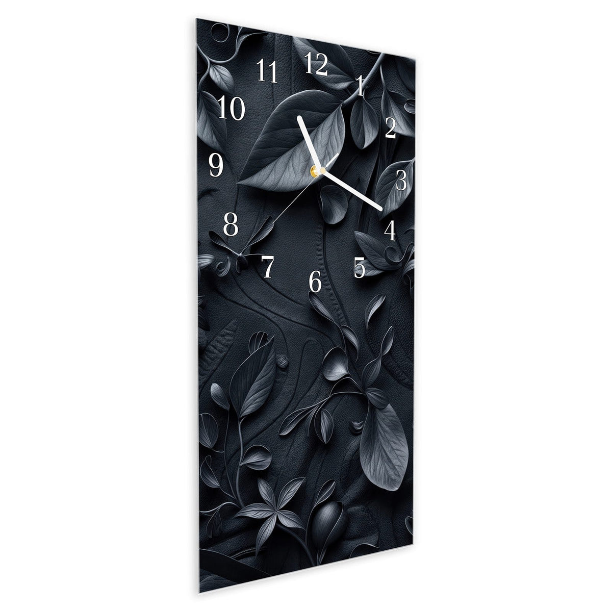 Vormontiert – mit Schwebeeffekt – Wanduhr Blumenmuster Dunkel aus Glas – Hochformat 30 × 60 cm