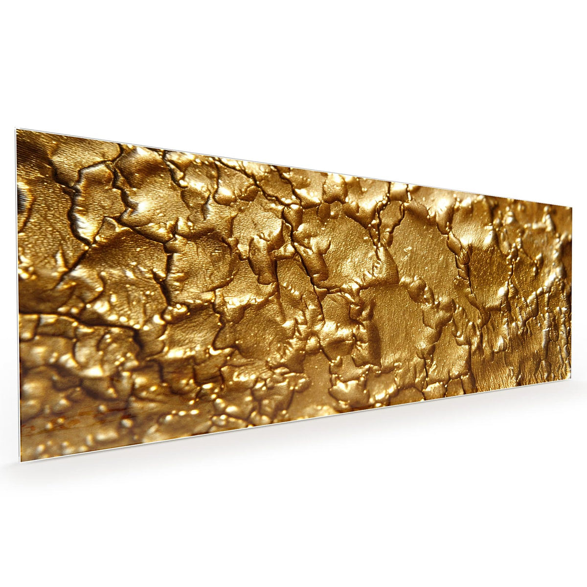 Küchenrückwand aus Glas im Hochformat mit Motiv Rissiges Gold: Dick aufgetragene Goldfläche, plastisch aufgerissen wie trockener Lehm #grösse_40 x 100 cm #grösse_50 x 125 cm #grösse_60 x 150 cm
