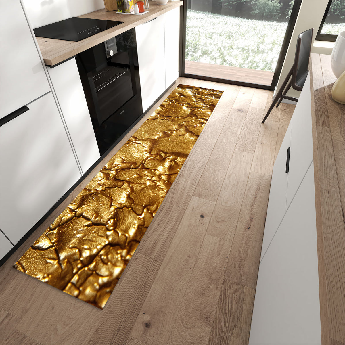 Formstabiler waschbarer Läufer für die Küche mit Motiv Goldene Struktur in moderner Küche