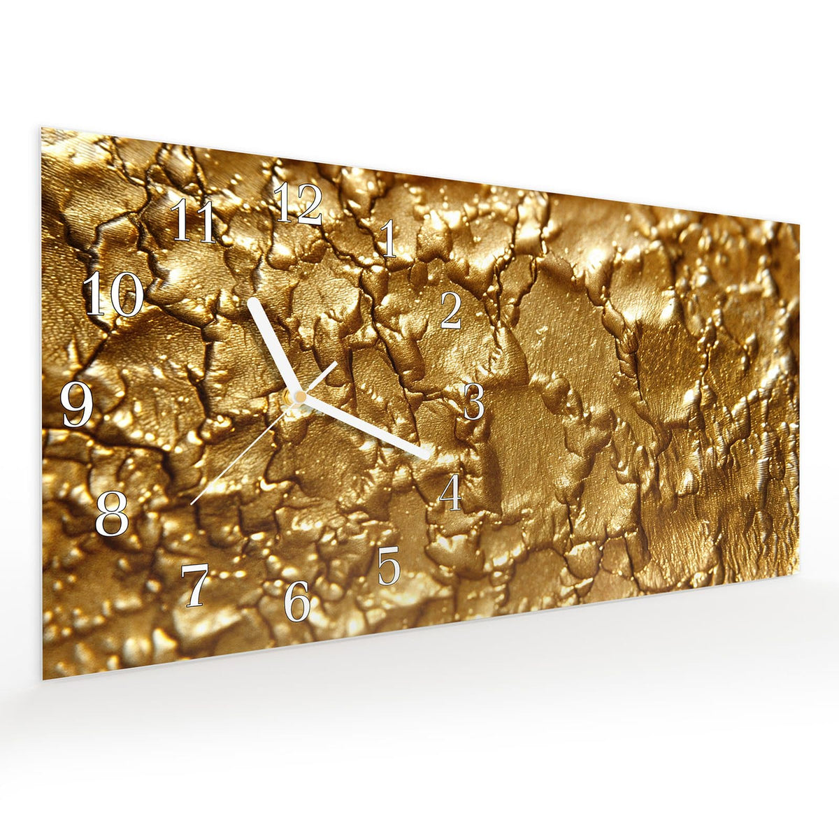 Vormontiert – mit Schwebeeffekt – Wanduhr Goldene Struktur aus Glas – Querformat 60 × 30 cm