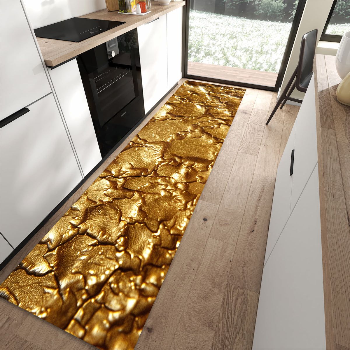 Rutschfester Küchenteppich mit Motiv Goldene Struktur für Trittkomfort in moderner Küche