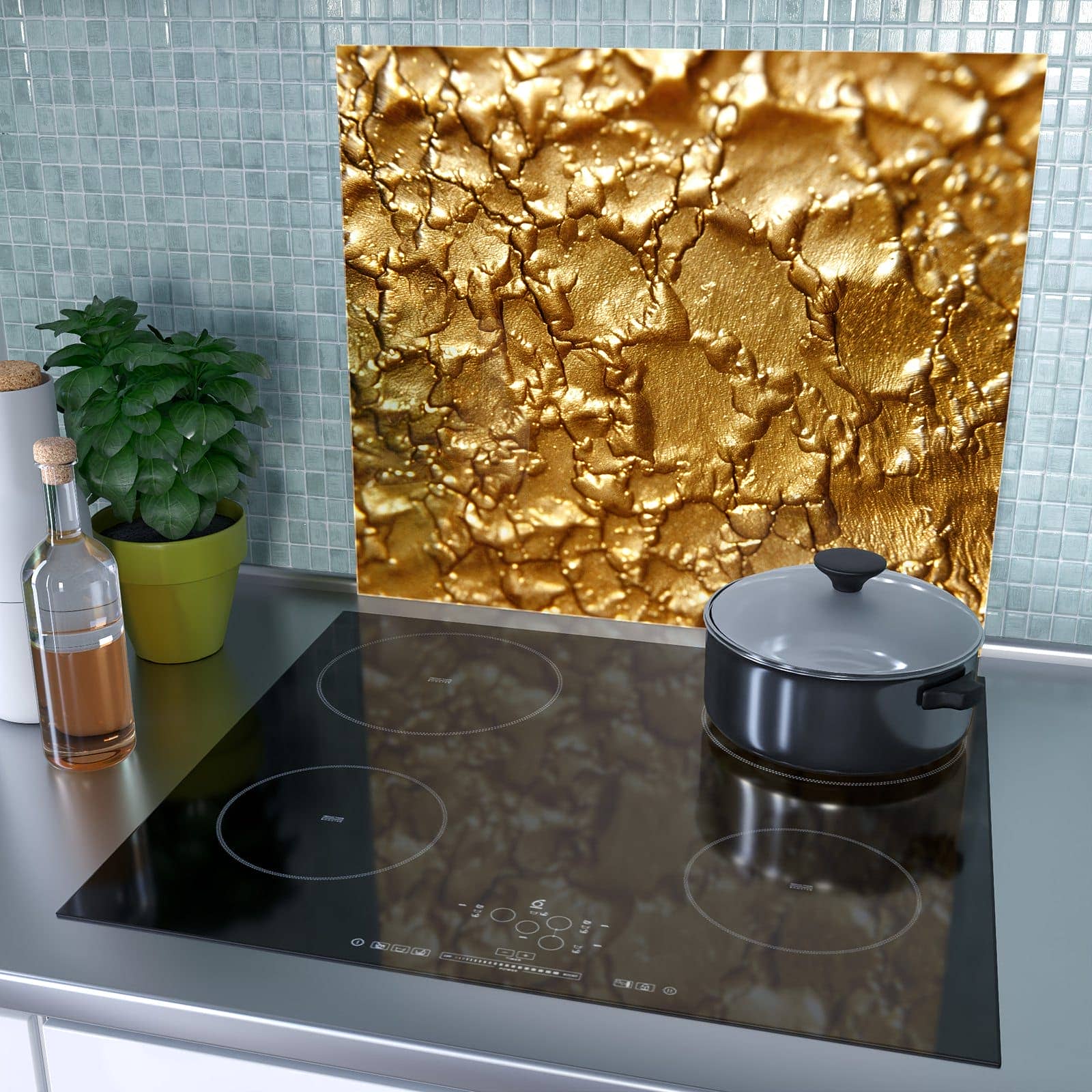 1-teilige Herdabdeckplatte mit Goldene Struktur-Motiv als Spritzschutz hinter dem Kochfeld
