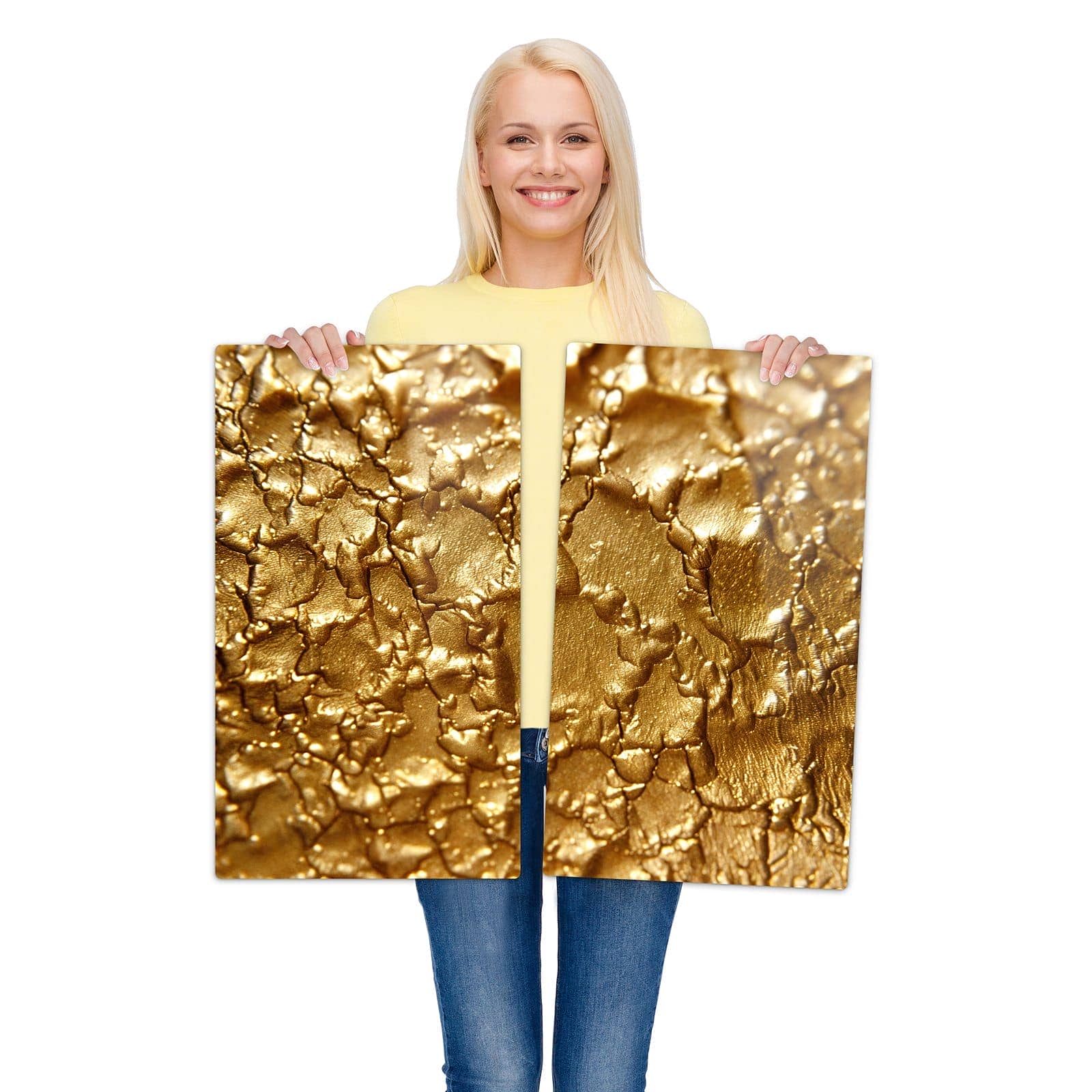 2-teilige Herdabdeckung mit Goldene Struktur-Motiv wird zur Größendarstellung gehalten