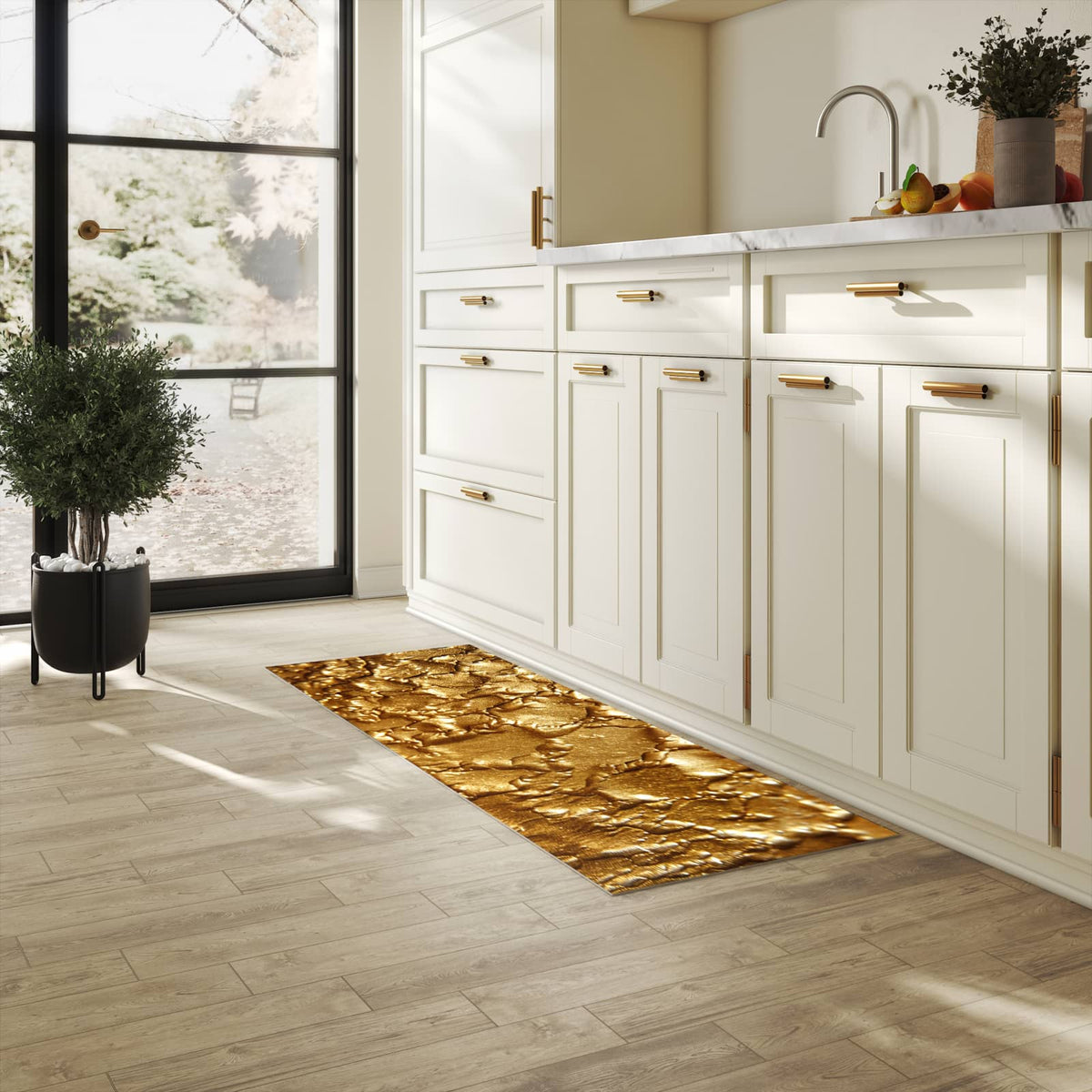 Abriebfester Küchenteppich mit Motiv Goldene Struktur in heller Küche