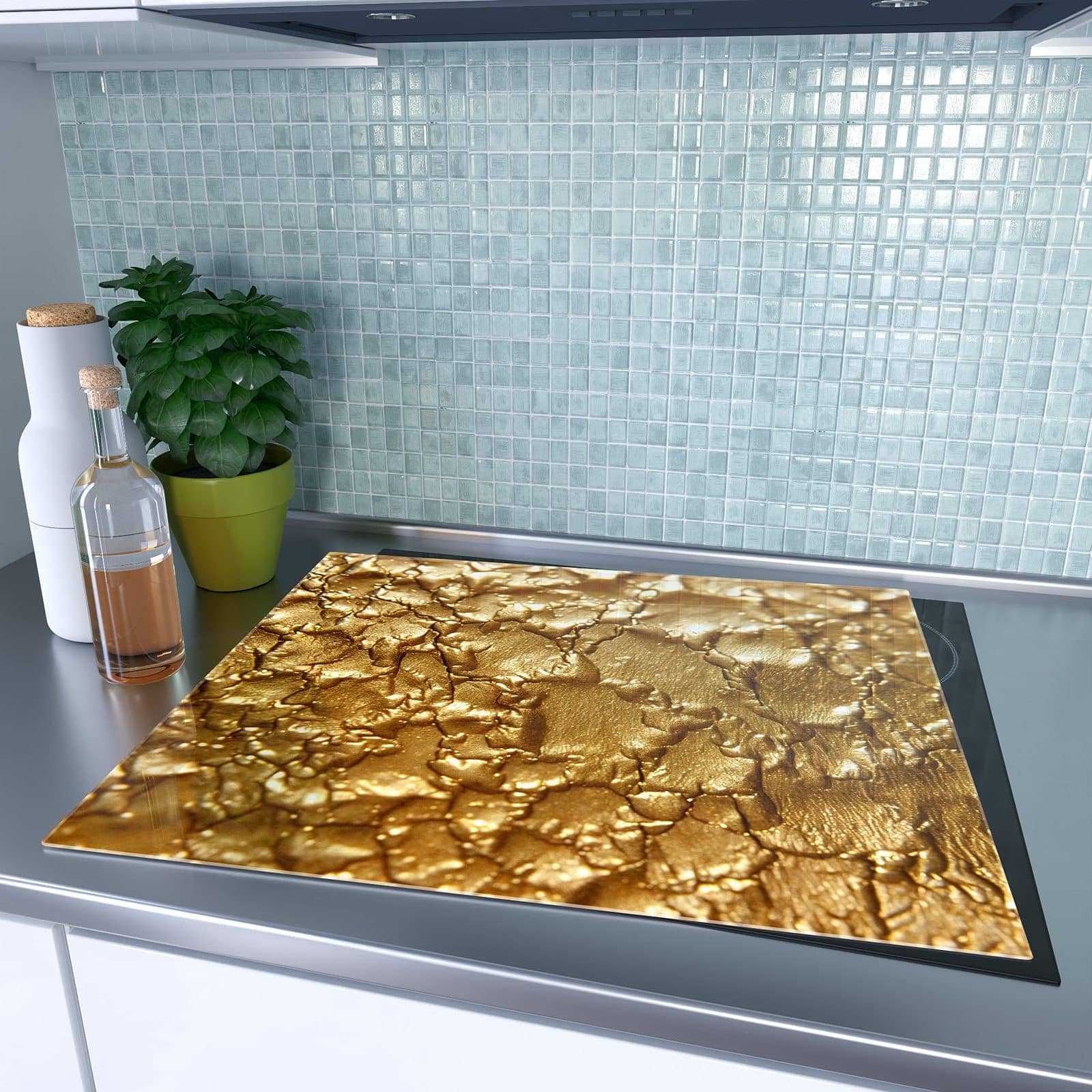 1-teilige Herdabdeckplatte für Induktion mit Goldene Struktur-Motiv auf dem Ceranfeld