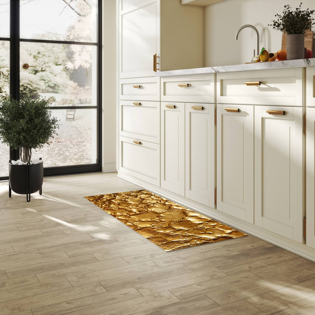 Geräuschdämpfender rutschfester Küchenteppich mit Motiv Goldene Struktur in heller Küche