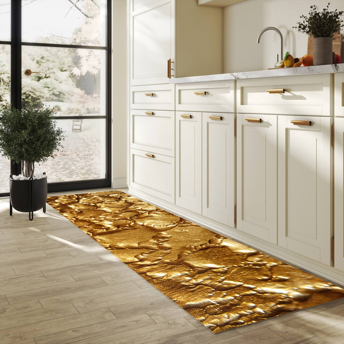 Flacher rutschfester Küchenläufer mit Motiv Goldene Struktur in heller Küche