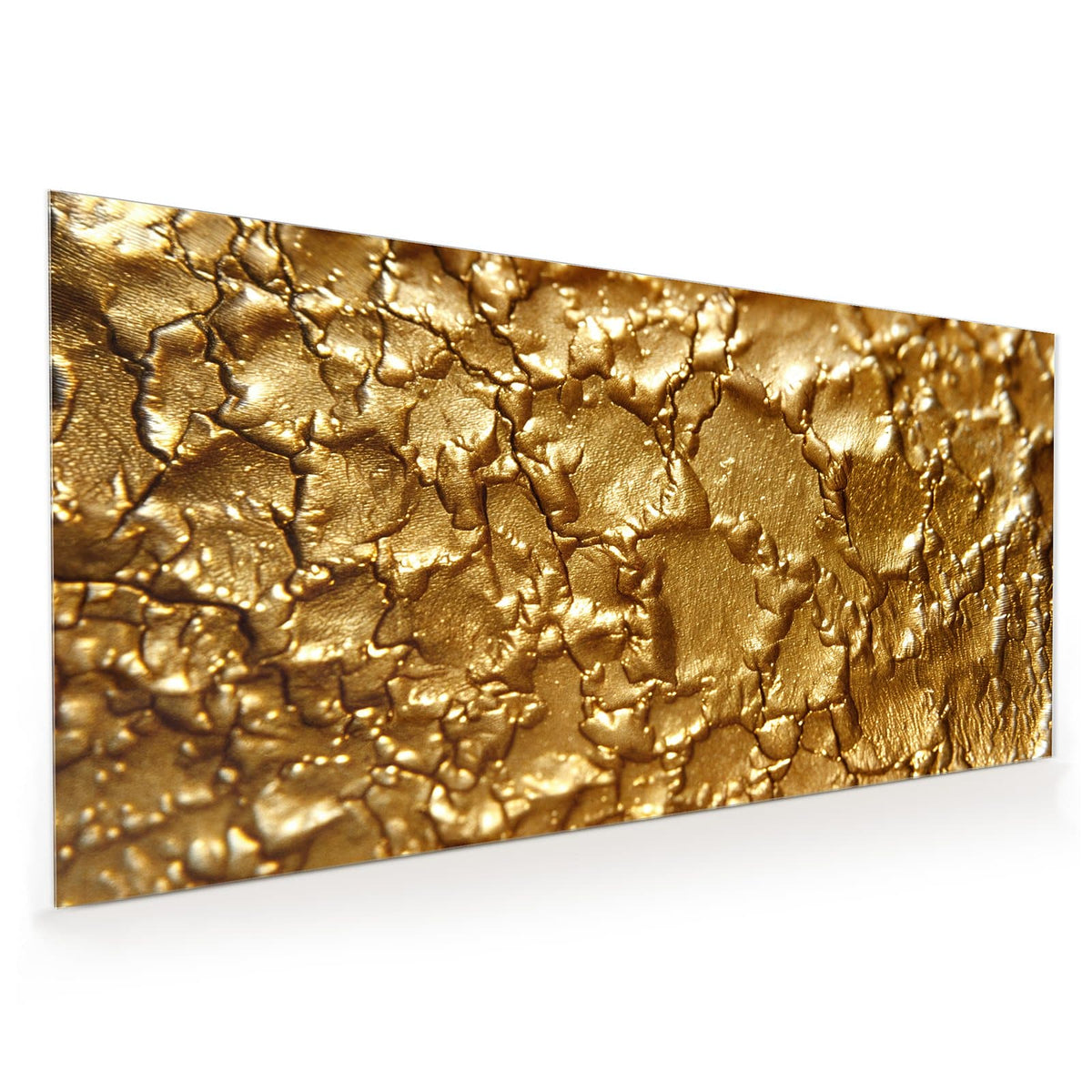 Küchenrückwand aus Glas im Hochformat mit Motiv Rissiges Gold: Dick aufgetragene Goldfläche, plastisch aufgerissen wie trockener Lehm