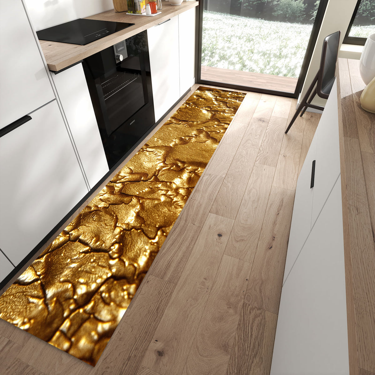 Waschbarer Küchenläufer mit Motiv Goldene Struktur in moderner Küche für sichere Aufbewahrung