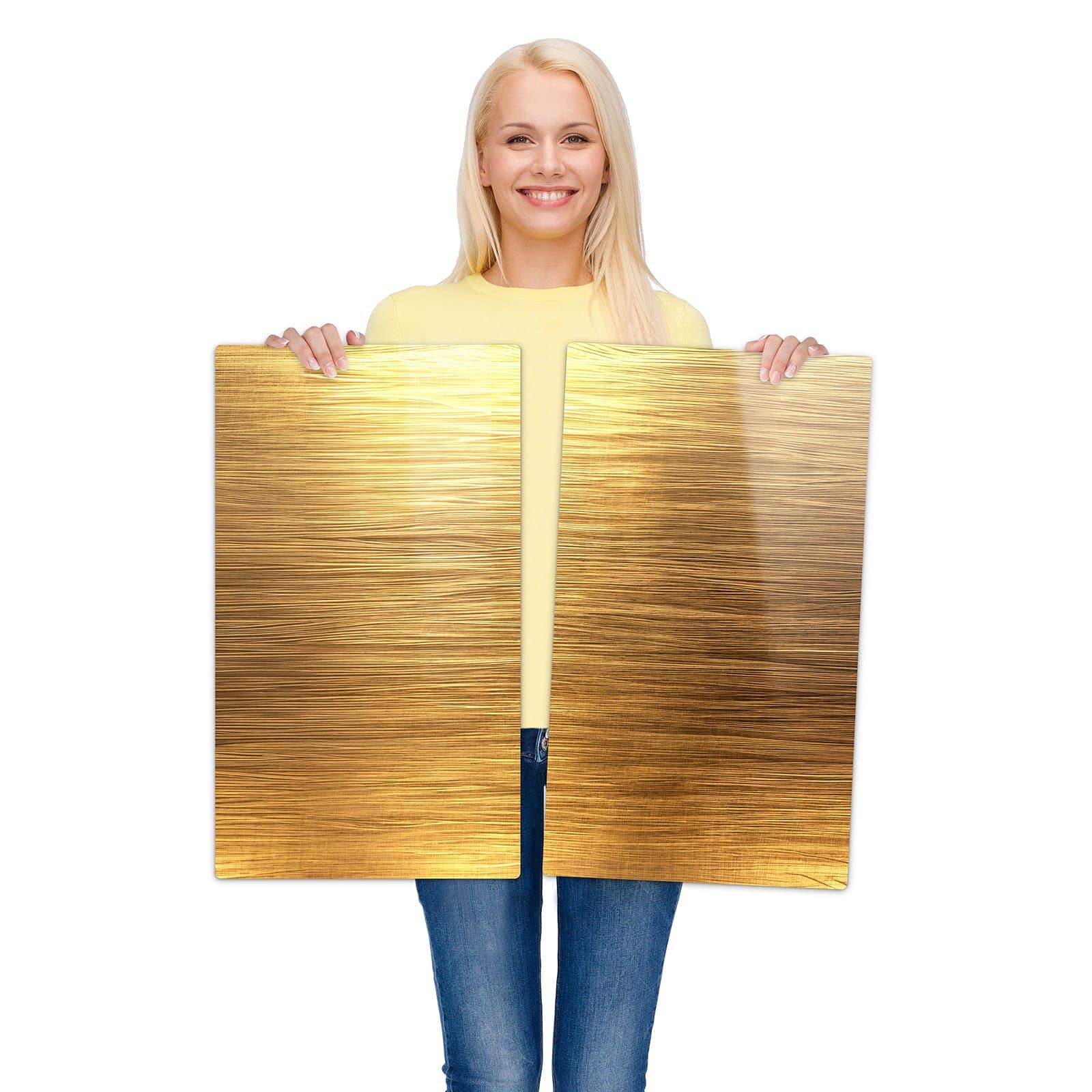 2-teilige Herdabdeckplatte mit Golden Textured Surface-Motiv wird zur Größendarstellung gehalten