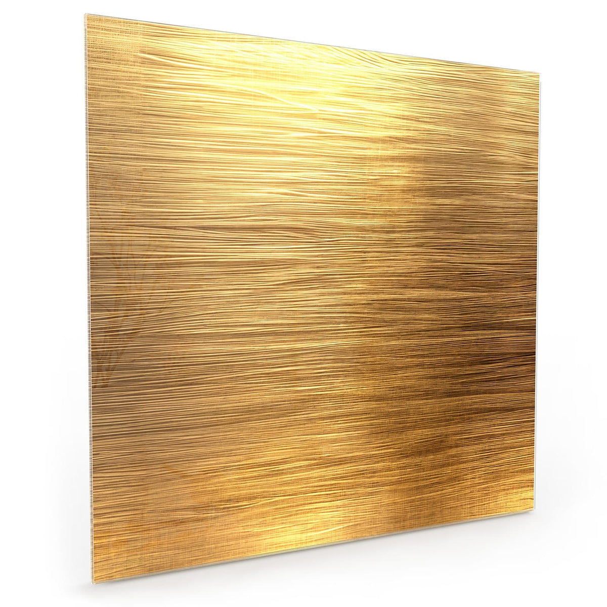 Küchenrückwand aus Glas im quadratischen Format mit Motiv Gebürstetes Gold: Glatte Goldfläche mit feinen waagerechten Bürstlinien und Lichtverlauf #grösse_40 x 40 cm #grösse_50 x 50 cm #grösse_60 x 60 cm