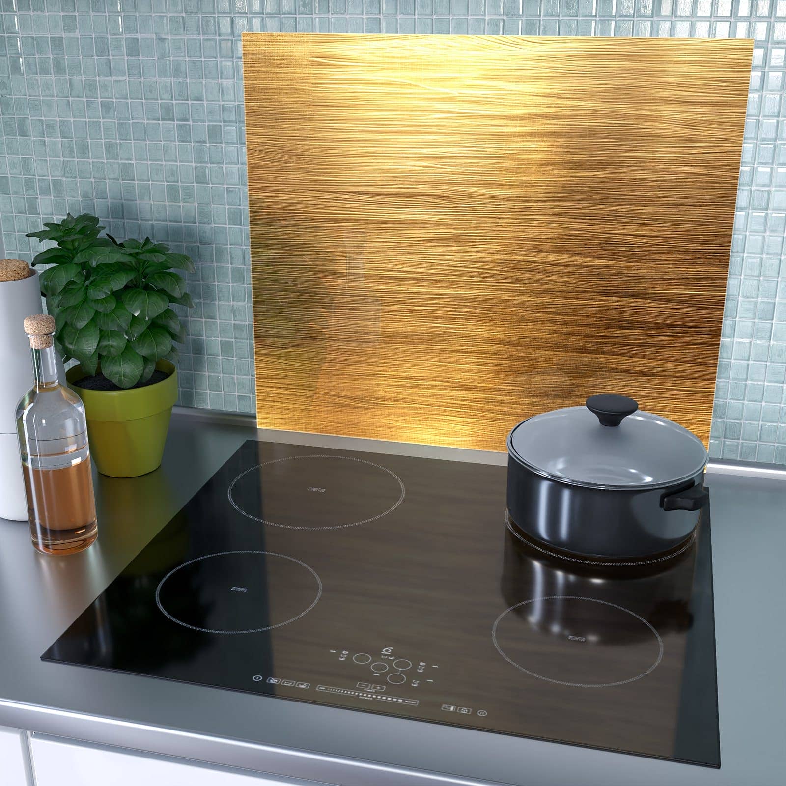 1-teilige Herdabdeckplatte mit Golden Textured Surface-Motiv als Spritzschutz hinter dem Kochfeld