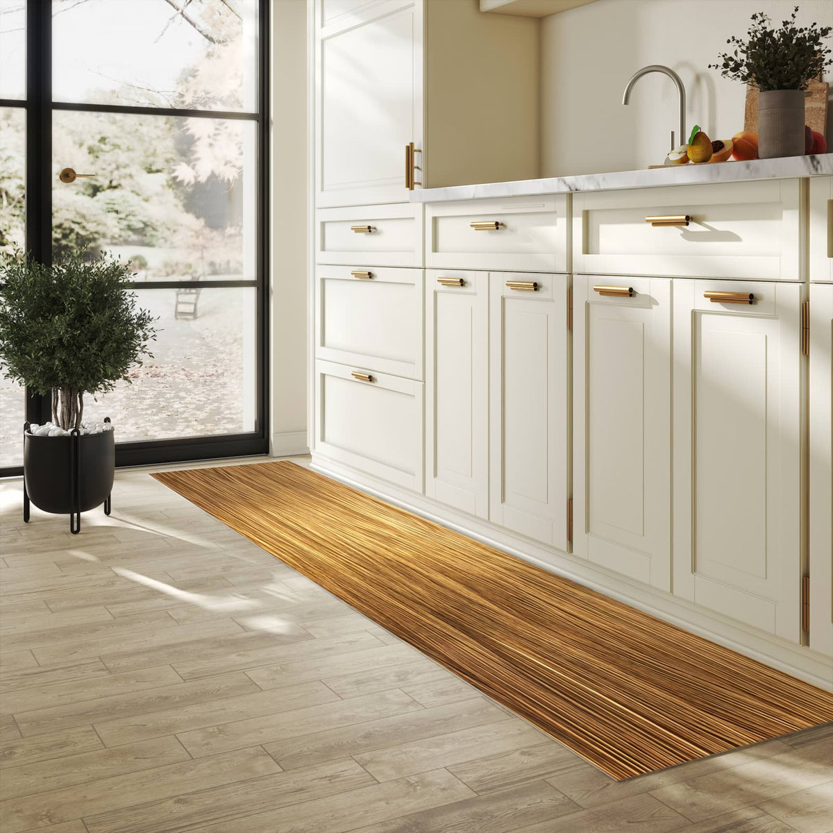 Rutschfester Bodenläufer-Teppich mit Motiv Golden Textured Surface in heller Küche