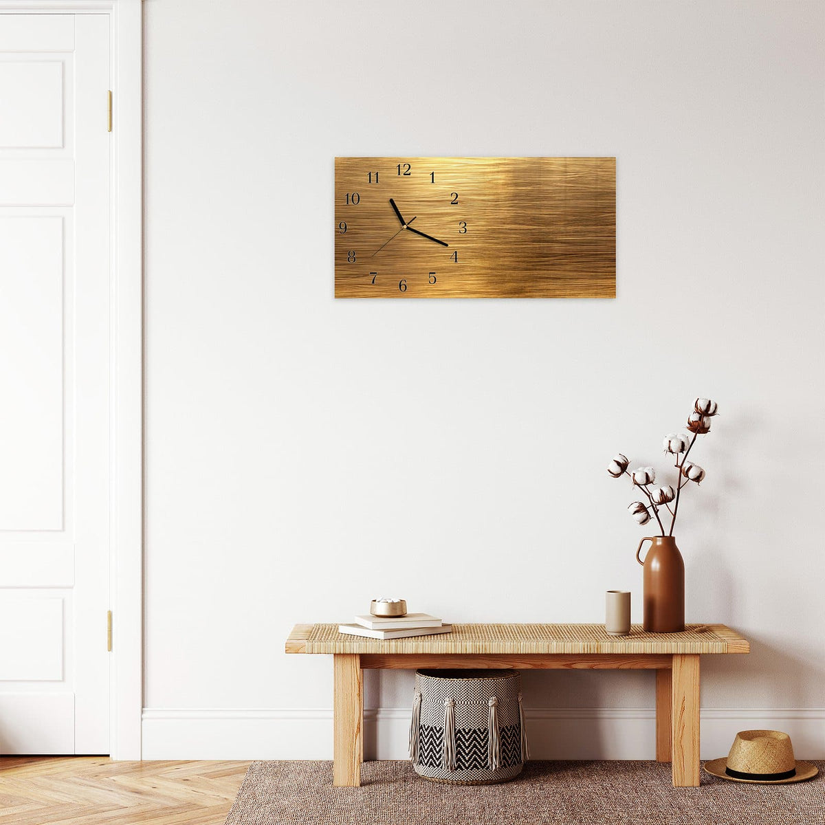 Moderne Wanduhr aus Glas mit Farbtiefe – Wanduhr Golden Textured Surface aus Glas – Querformat 60 × 30 cm