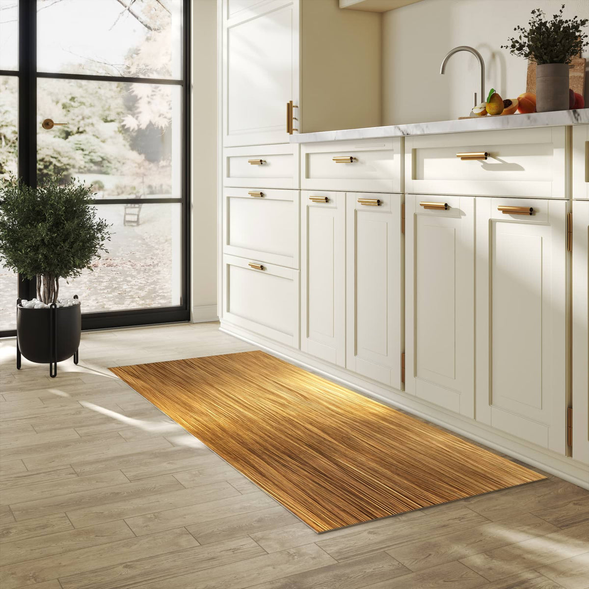 Bodenschonender Küchenteppich mit Motiv Golden Textured Surface in heller Küche