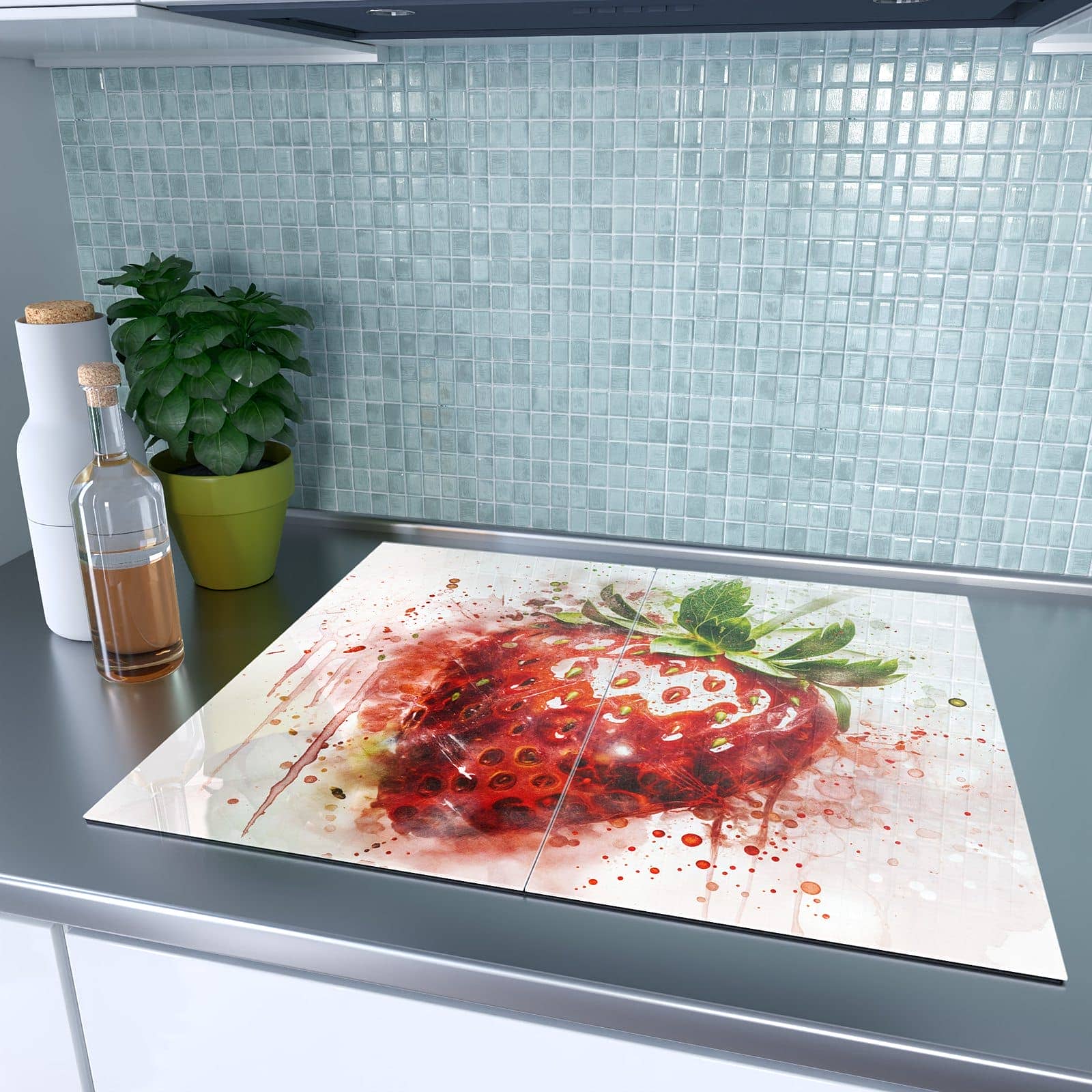 2-teilige Herdabdeckplatten mit Erdbeerkunstwerk-Motiv auf dem Ceranfeld