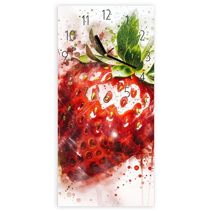 Wanduhr Erdbeerkunstwerk aus Glas – Hochformat 30 × 60 cm mit Ziffernblatt Elegant