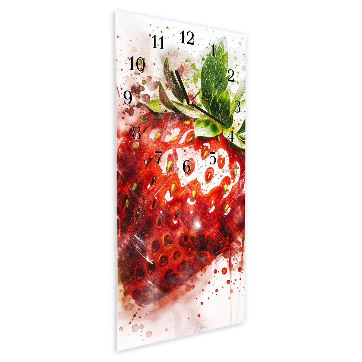 Vormontiert – mit Schwebeeffekt – Wanduhr Erdbeerkunstwerk aus Glas – Hochformat 30 × 60 cm