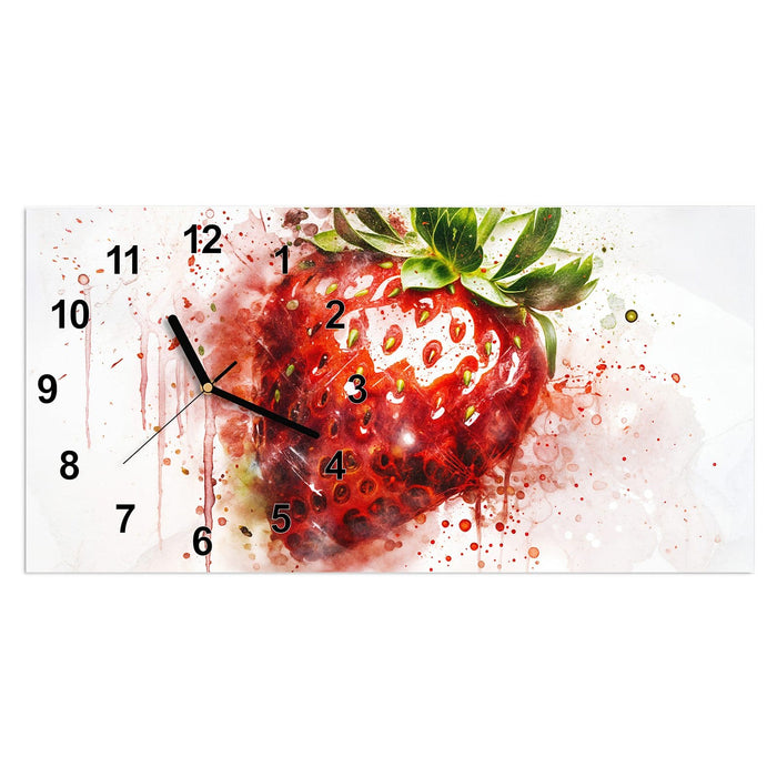 Wanduhr Erdbeerkunstwerk aus Glas – Querformat 60 × 30 cm mit Ziffernblatt Modern