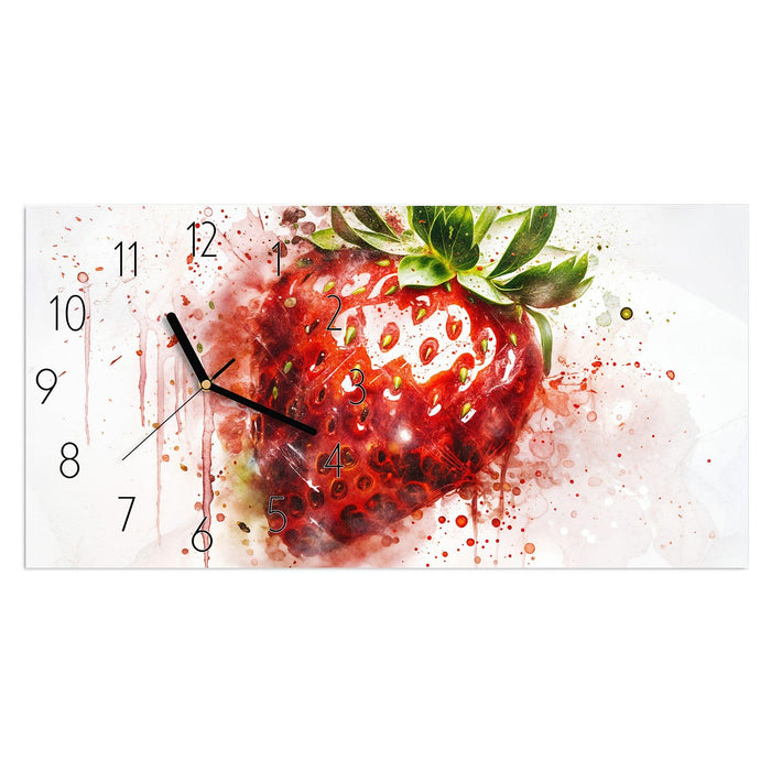 Wanduhr Erdbeerkunstwerk aus Glas – Querformat 60 × 30 cm mit Ziffernblatt Elegant
