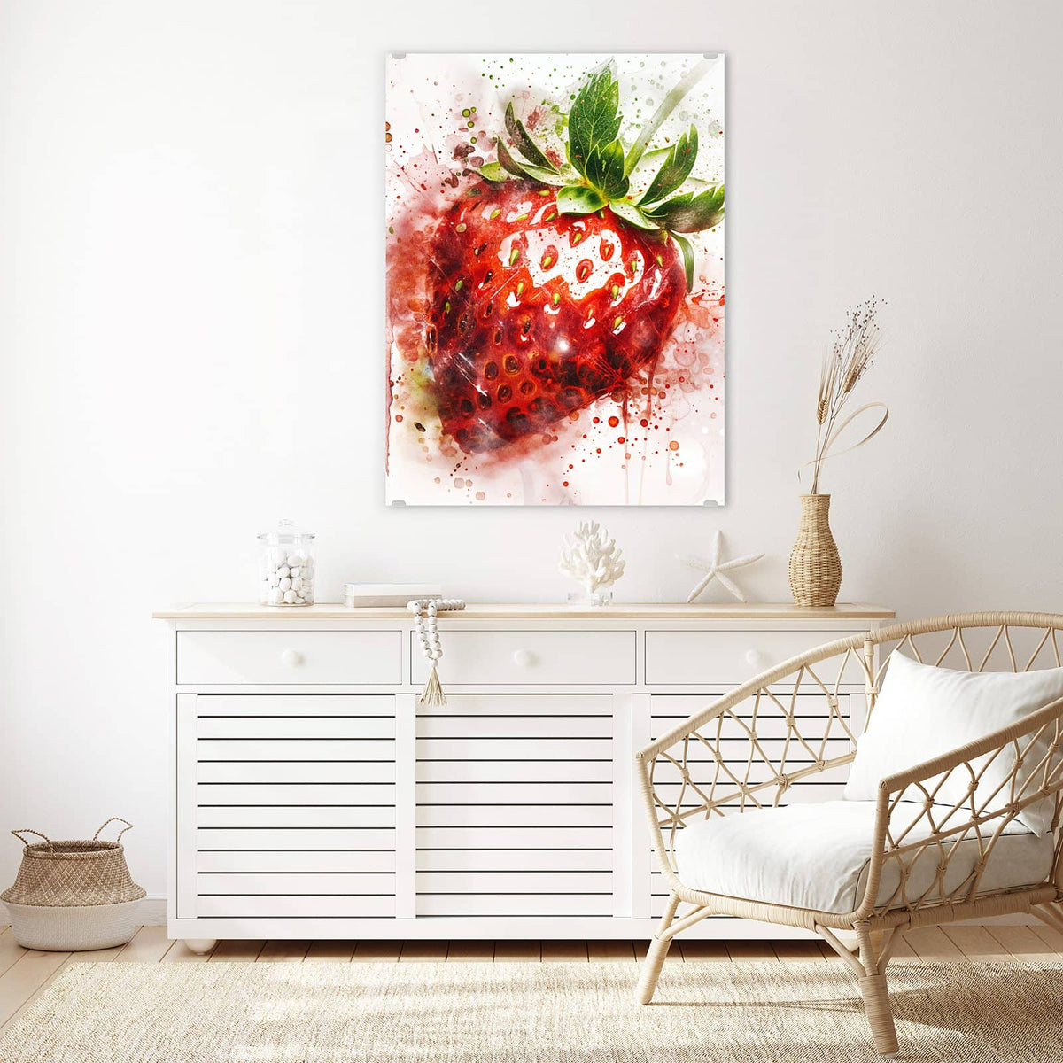 Aufhängung liegt bei – Motiv später wechselbar – Wandbild - Erdbeere in Aquarell - Hochformat