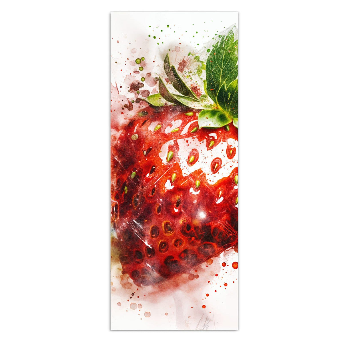 Wandbild - Erdbeere in Aquarell - Hochformat – Erdbeere mit roten Farbspritzern