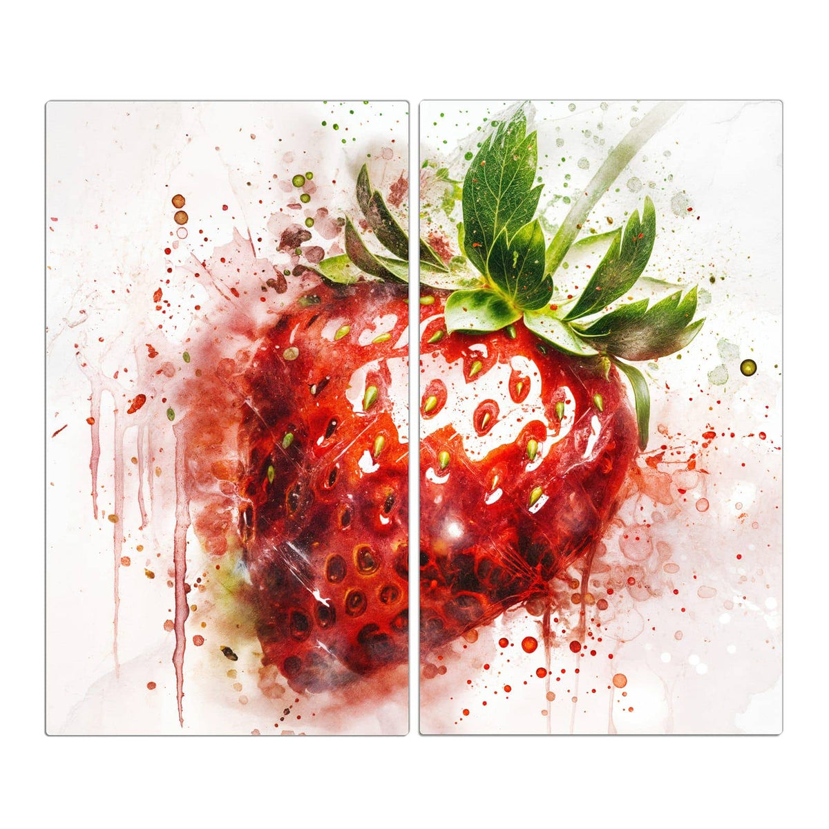 Große Erdbeere in Aquarelloptik mit roten Farbspritzern und Farbläufern