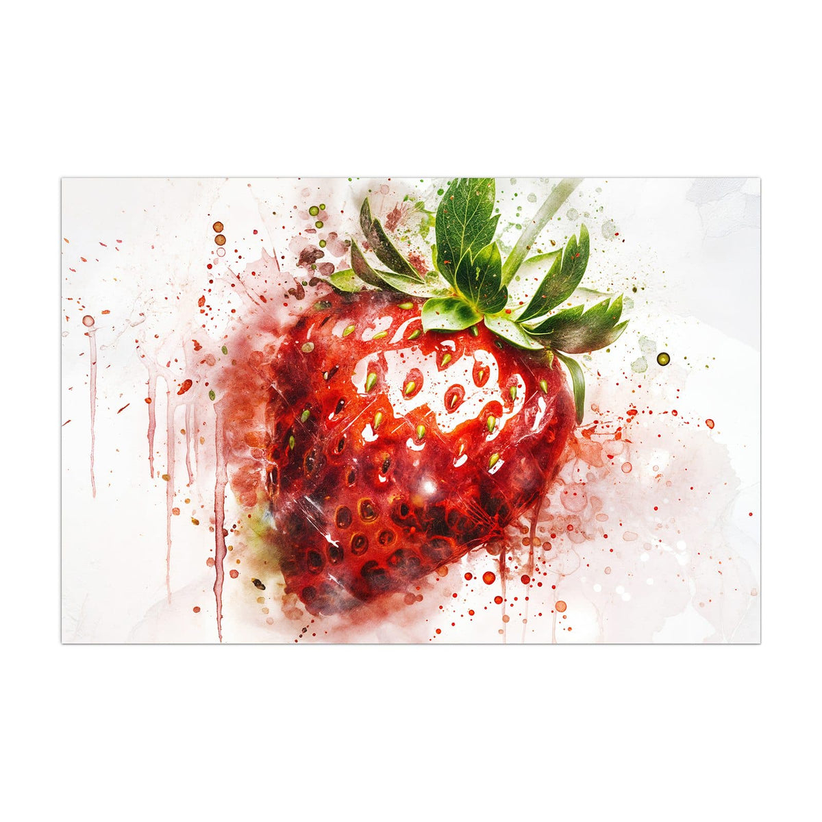 Küchenrückwand aus Glas Erdbeere in Aquarell im Hochformat, Motiv bildfüllend von vorn