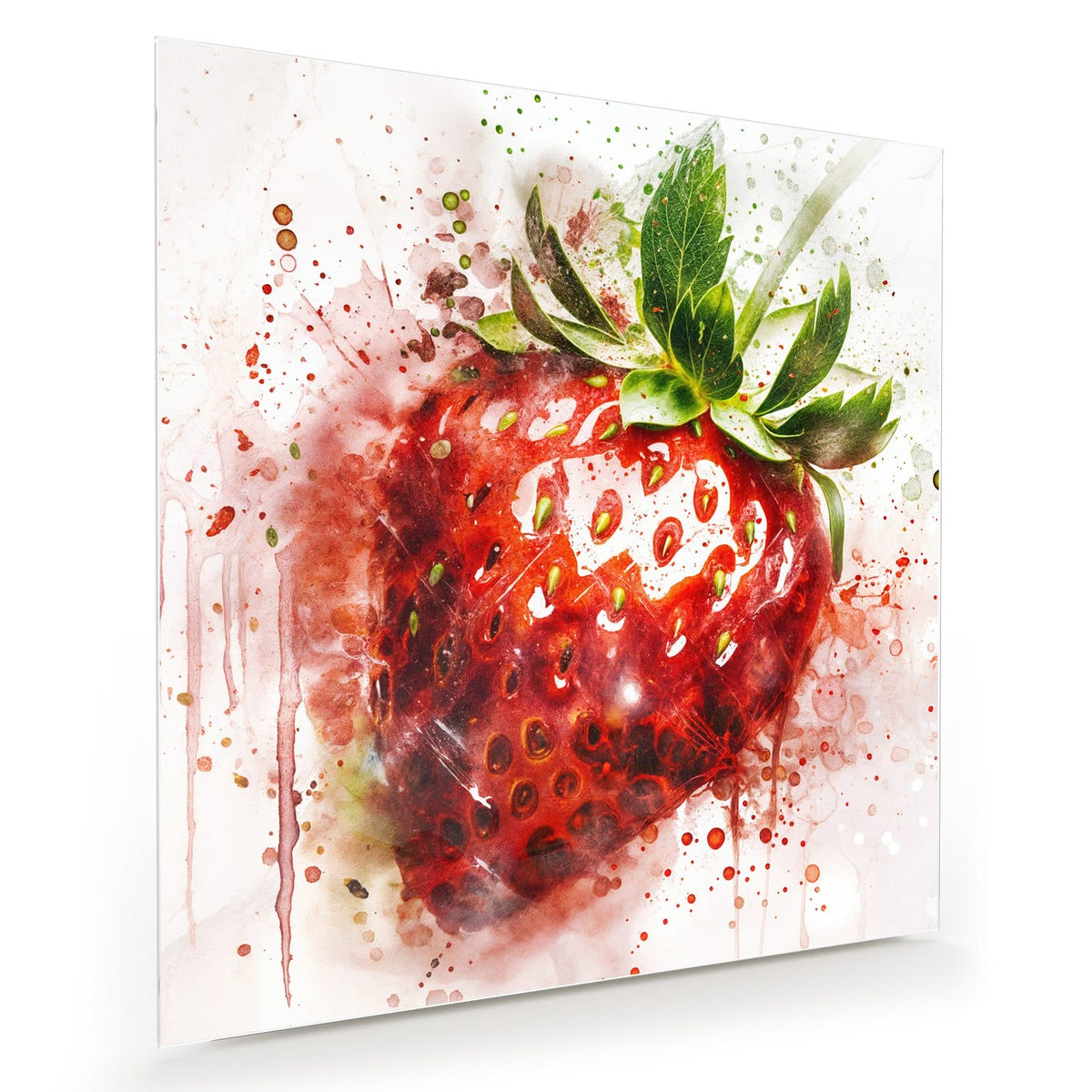 Große Erdbeere in Aquarelloptik mit roten Farbspritzern und Farbläufern