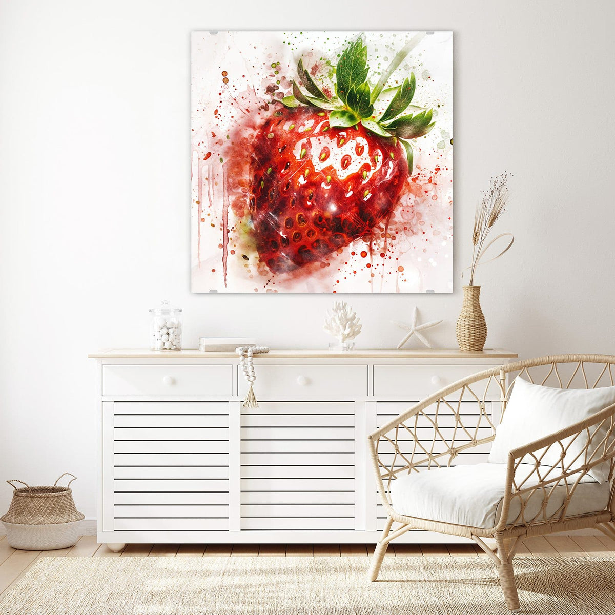 Echtglas, 4 mm – kein Acryl, keine Folie – Wandbild - Erdbeere in Aquarell - Quadratisch