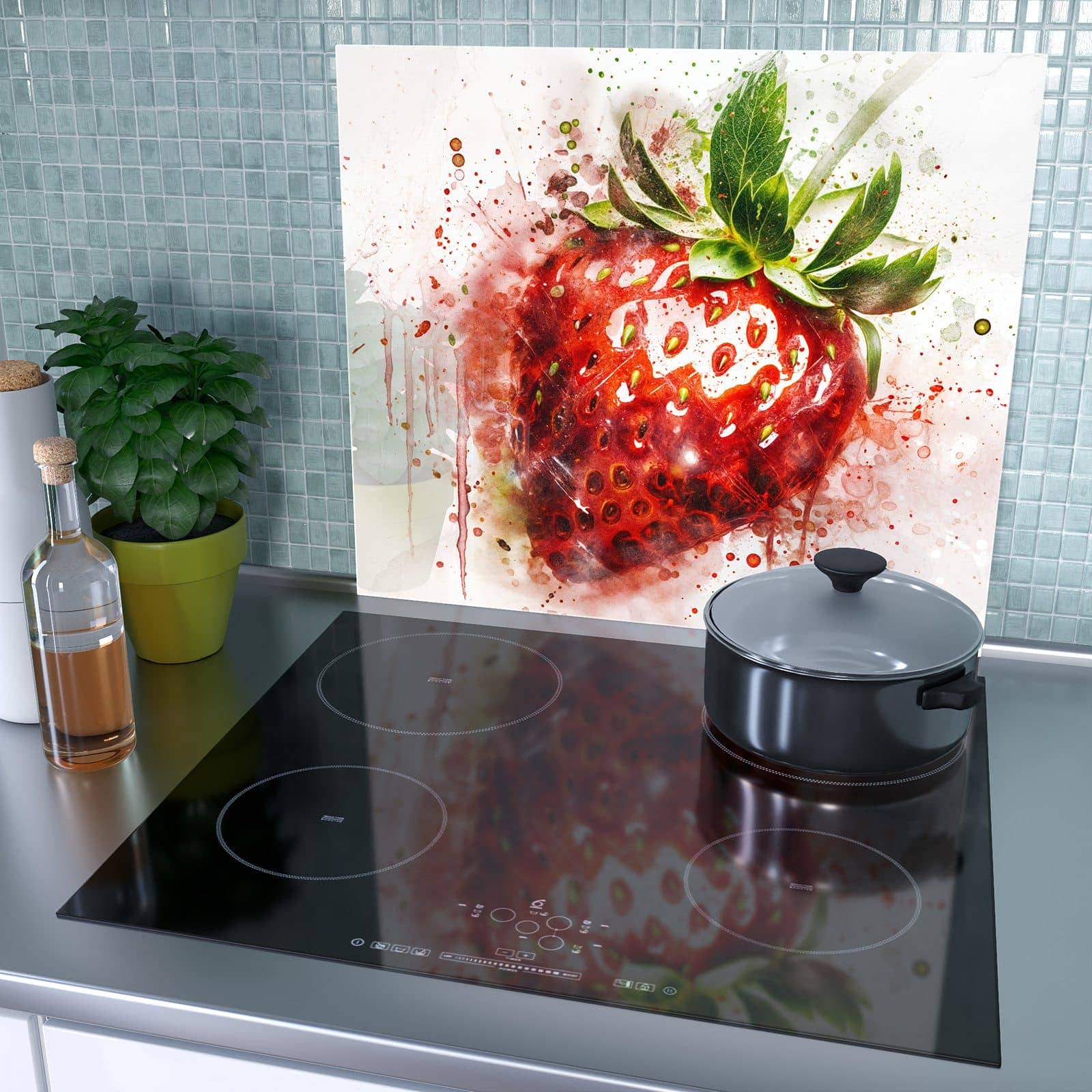 1-teilige Glasplatte für Herd mit Erdbeerkunstwerk-Motiv als Spritzschutz hinter dem Kochfeld