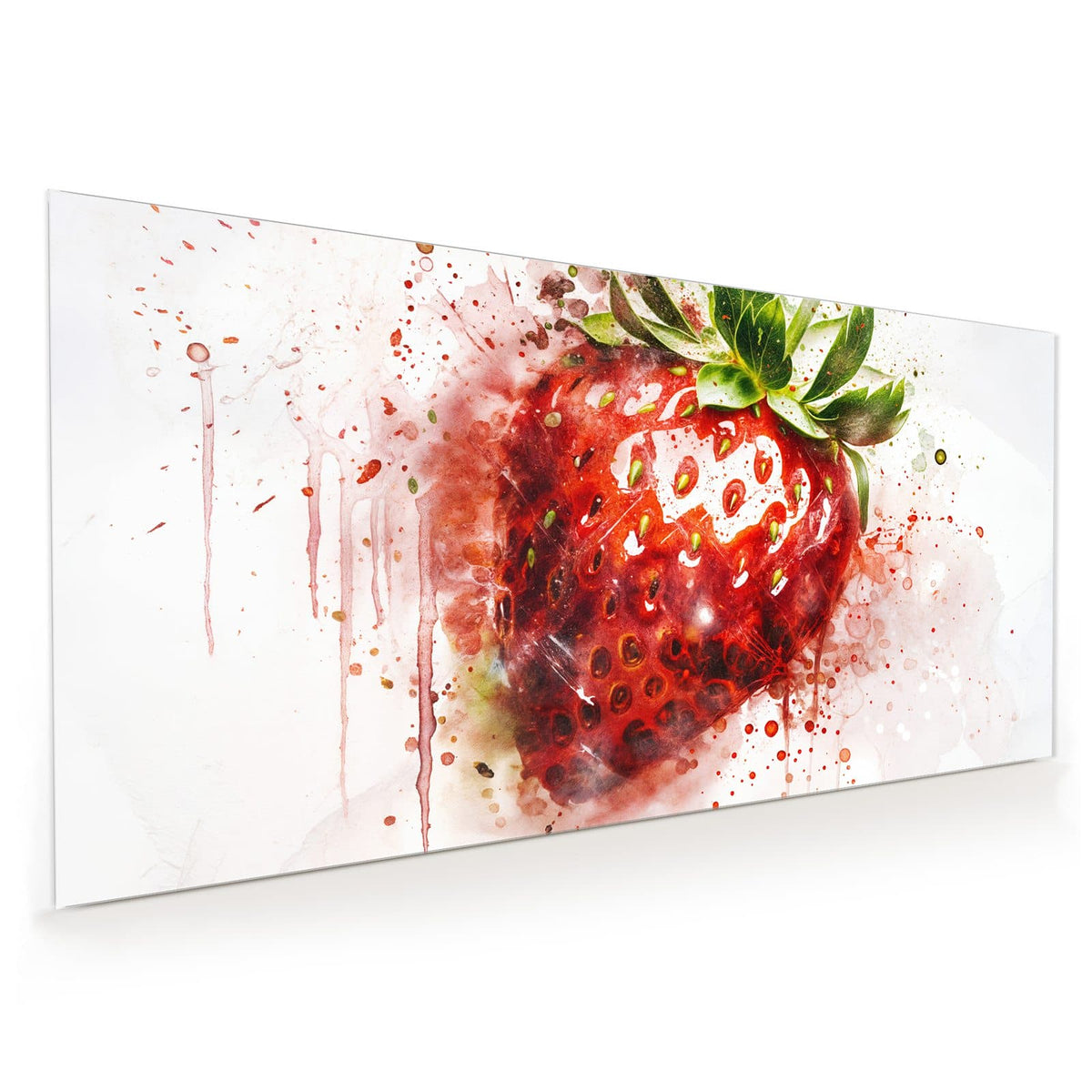 Küchenrückwand aus Glas im Hochformat: Große Erdbeere in Aquarelloptik mit roten Farbspritzern und Farbläufern