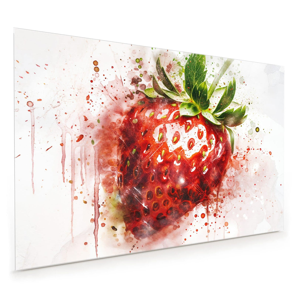 Küchenrückwand aus Glas im Hochformat: Große Erdbeere in Aquarelloptik mit roten Farbspritzern und Farbläufern